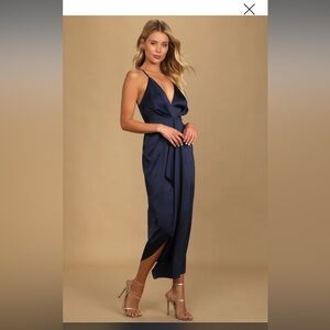 Caught feelings navy blue satin ruffled midi dress